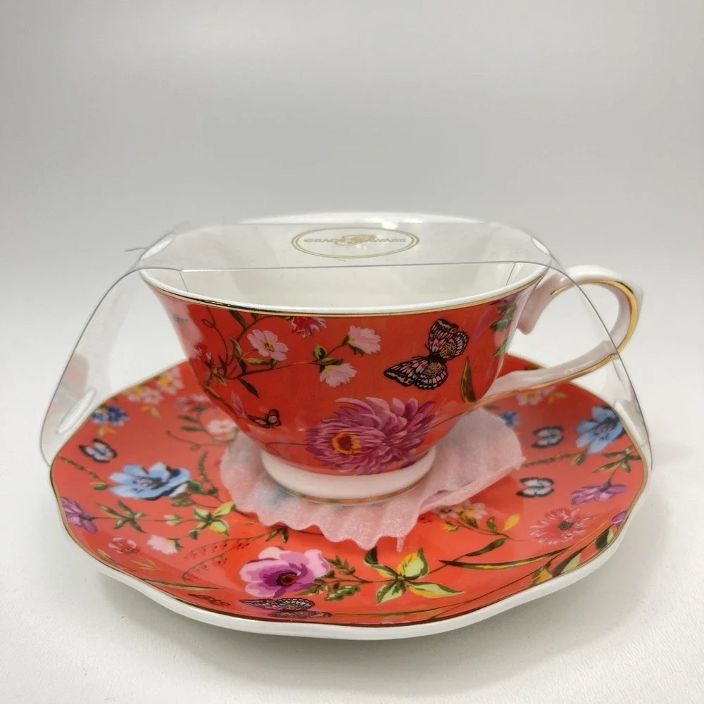 Grace Teaware Orange Floral Butterfly Teacup Saucer Set Gold Rim‎ Fine Porcelain